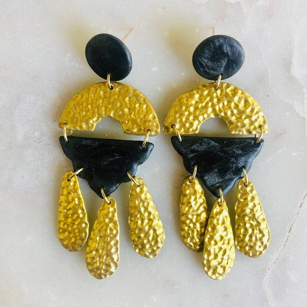 Hammered Gold and Black Marble Chandelier Earrings